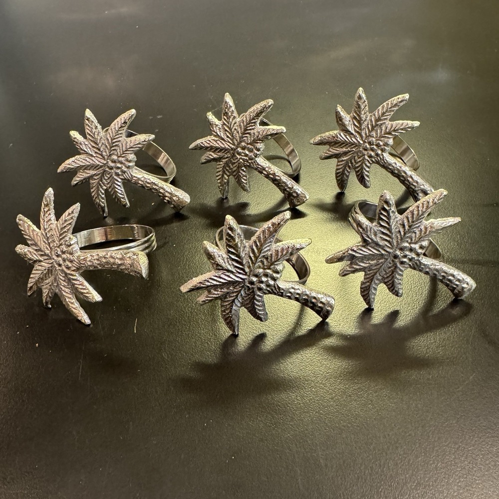 Silver Palm Tree Napkin Holders w Rings Pewter‎ Set of 6 Beach Hawaiian Themed